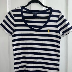 Ralph Lauren Sport Striped V-Neck Tee — Navy/White — Size L